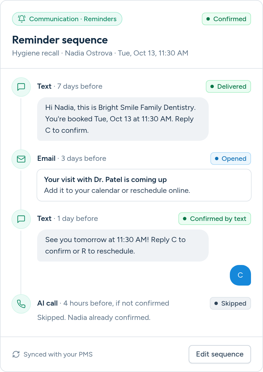 Reminder sequence with text, email and AI call steps in Aron