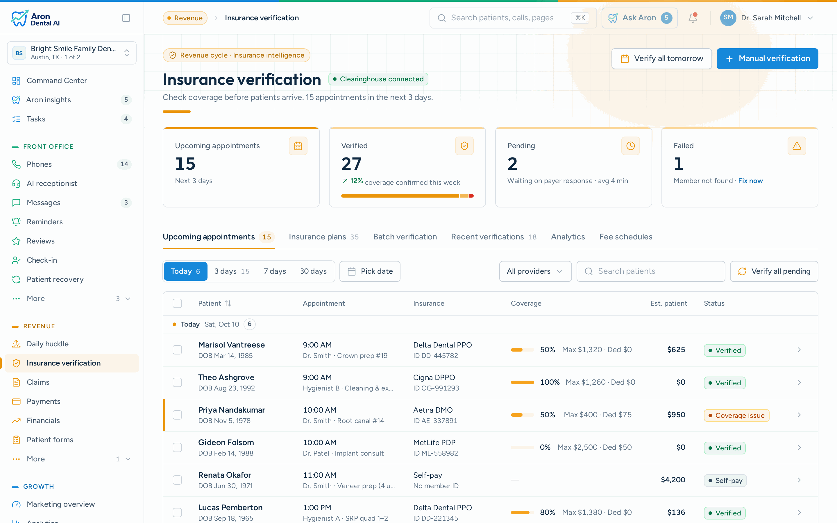 Aron insurance verification screen with tomorrow's patients and coverage status