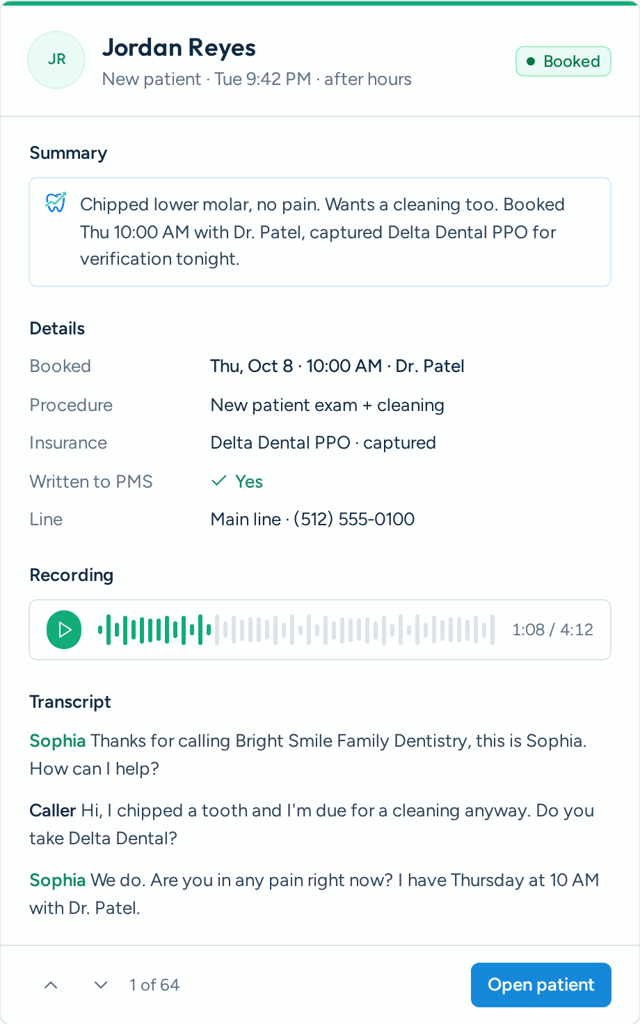 AI Dental Receptionist detail in the Aron app