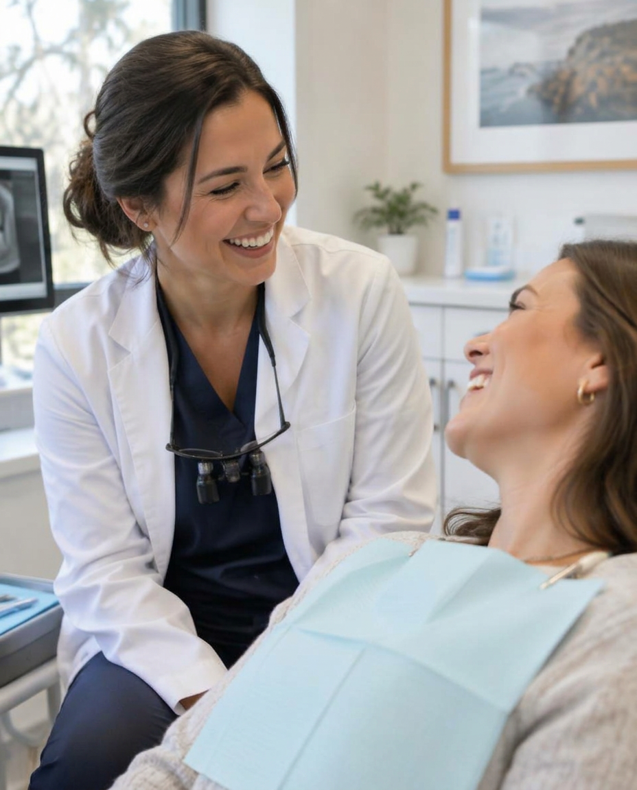 Smiling dentist talking with a happy patient in the dental chair
